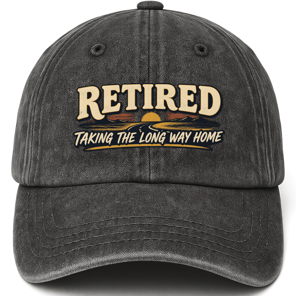 Black vintage washed cap with Taking The Long Way Home printed front design