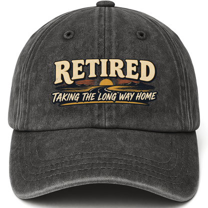 Black vintage washed cap with Taking The Long Way Home printed front design