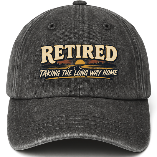 Black vintage washed cap with Taking The Long Way Home printed front design