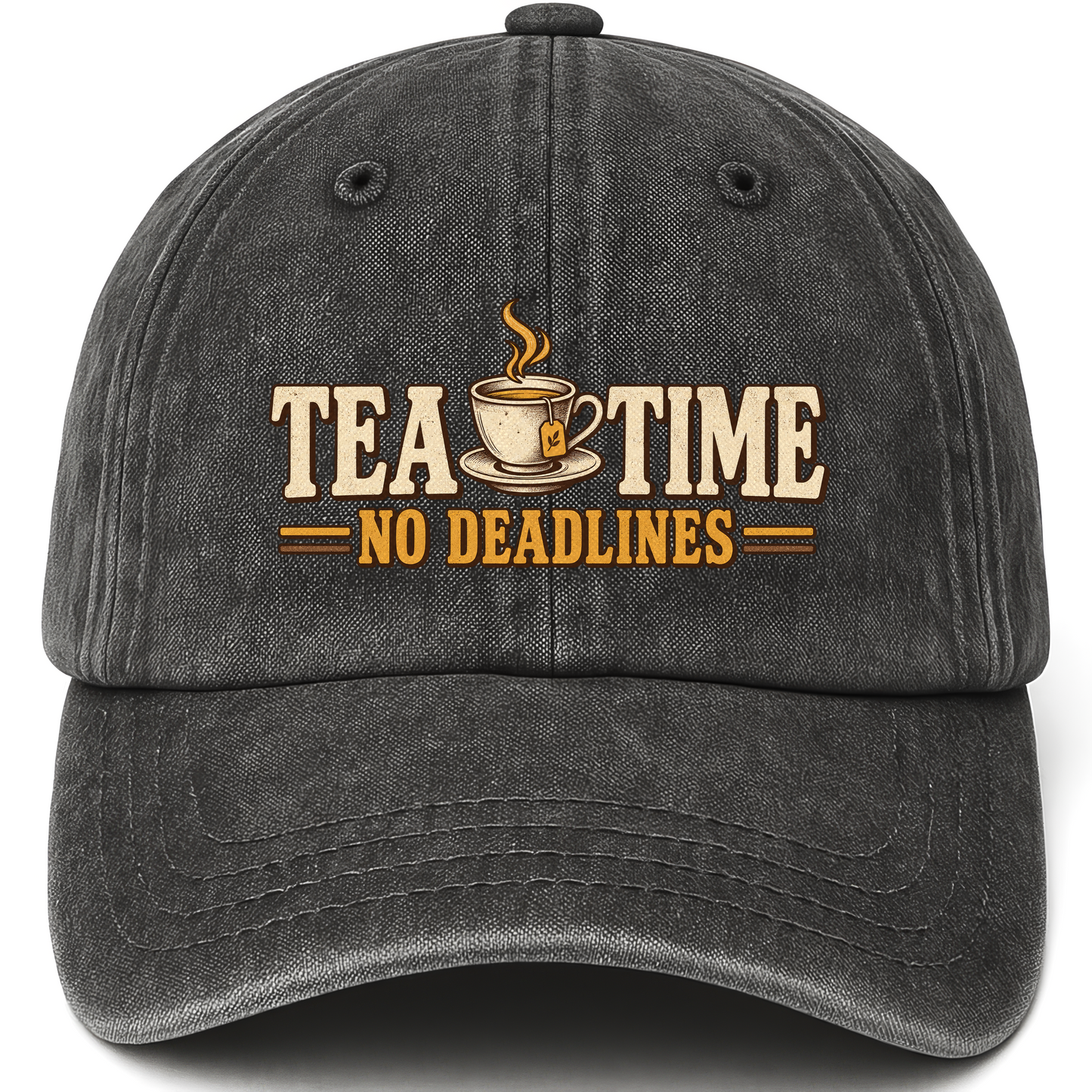 Black vintage washed cap with Tea Time. No Deadlines printed front design