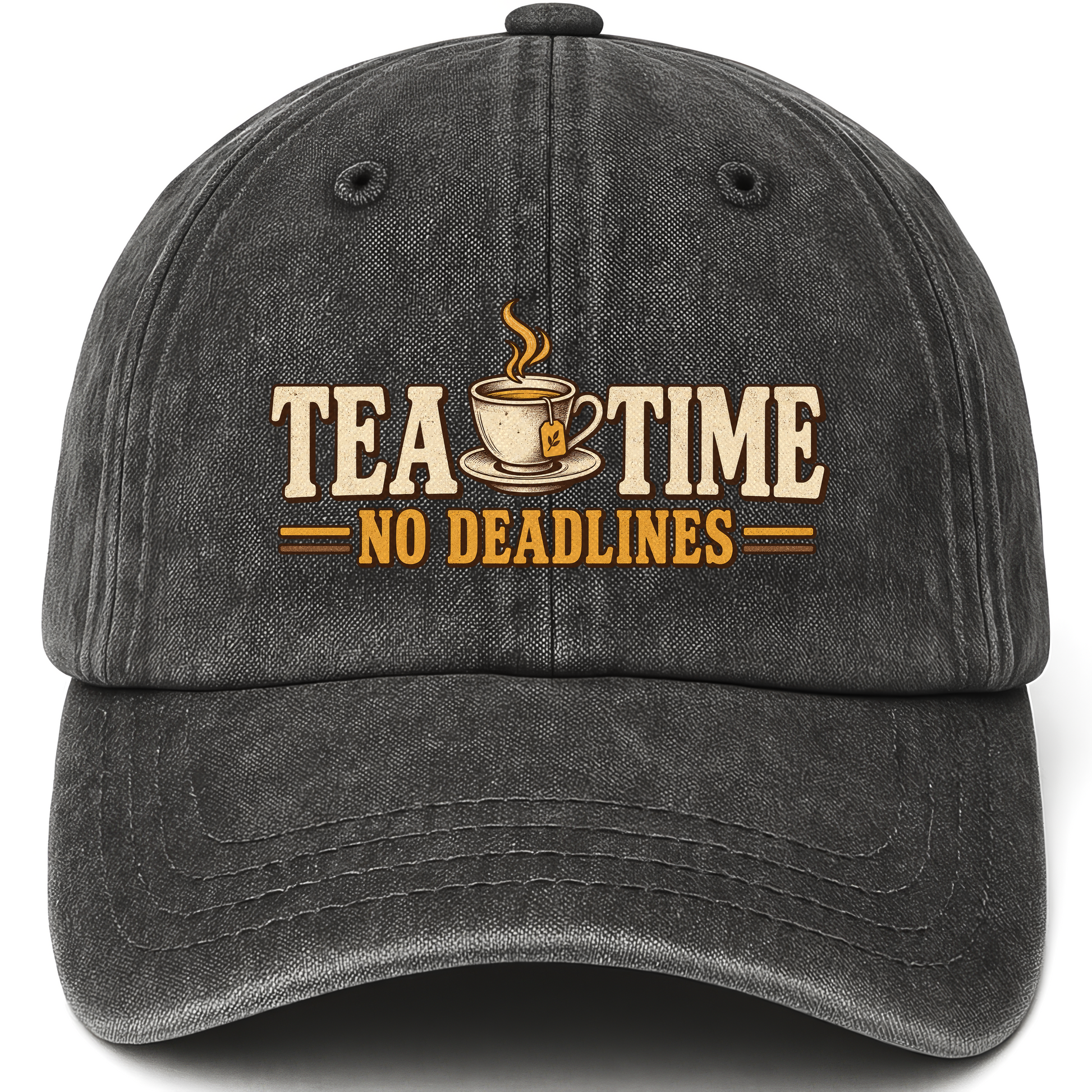 Black vintage washed cap with Tea Time. No Deadlines printed front design