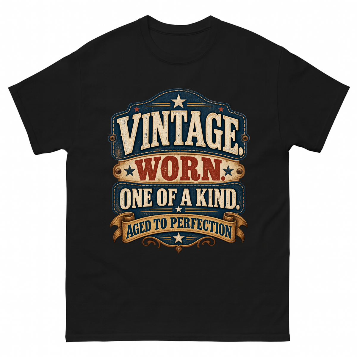Black T-shirt with vintage worn one of a kind badge design