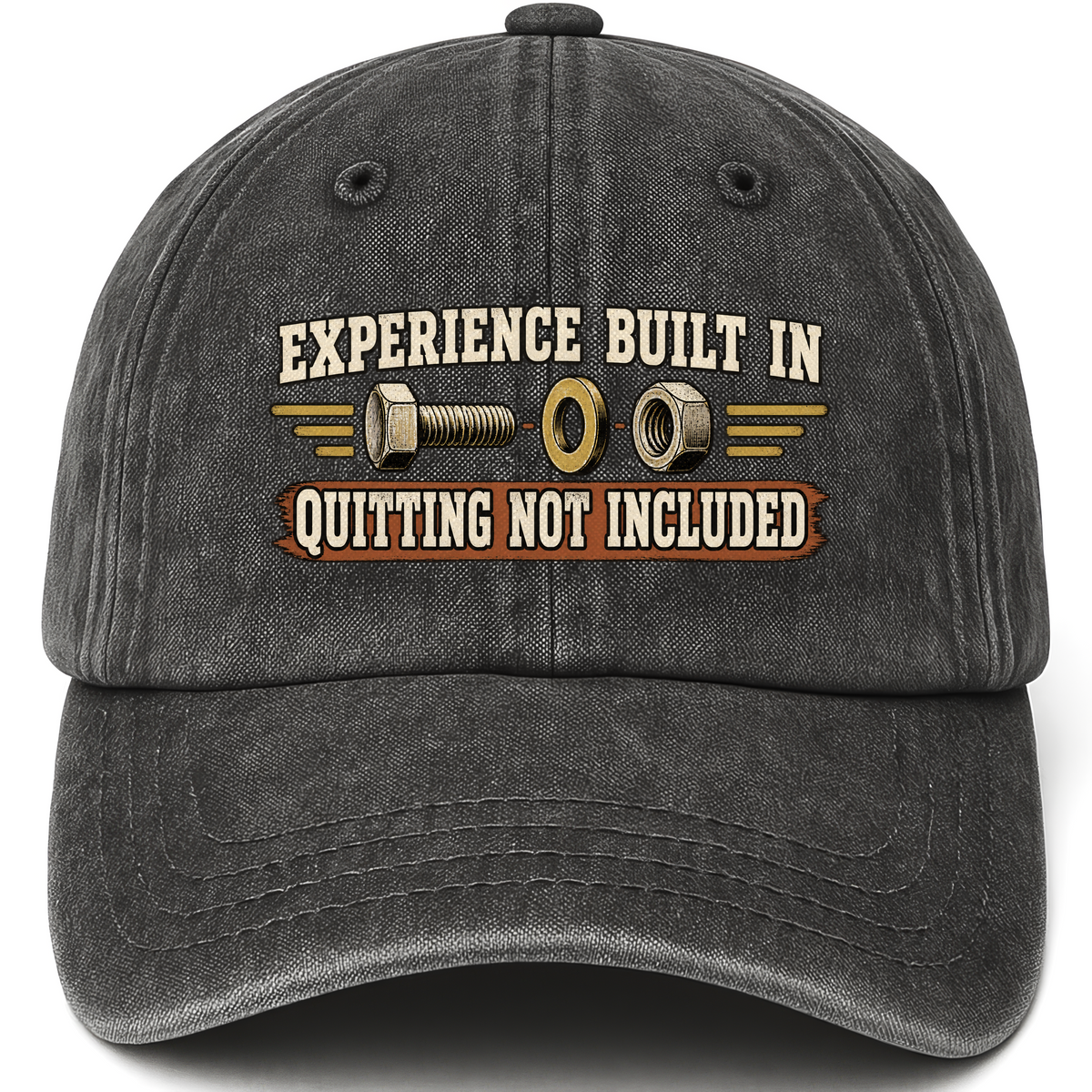 Black vintage washed cap with Experience Built In Quitting Not Included printed front design