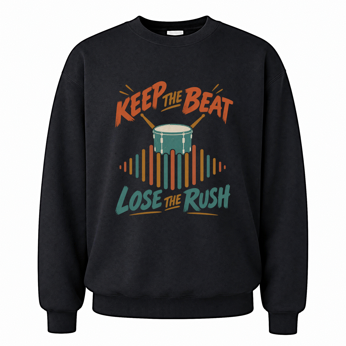 Black vintage sweatshirt with Keep The Beat. Lose The Rush printed front design