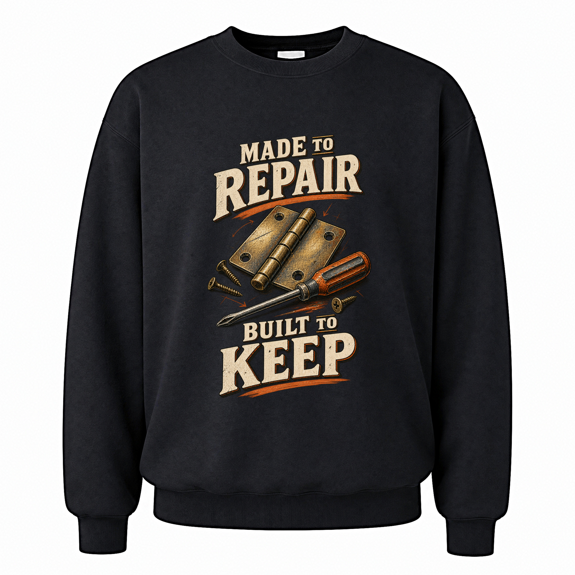 Black vintage sweatshirt with Made To Repair. Built To Keep printed front design
