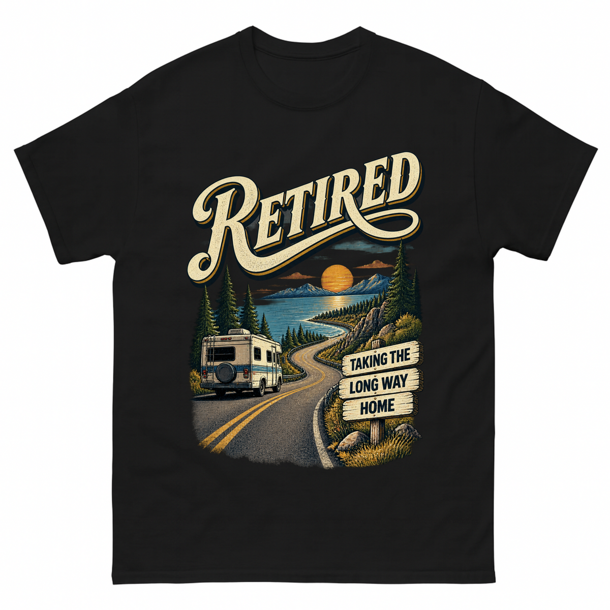 Black vintage t-shirt with Taking The Long Way Home printed front design