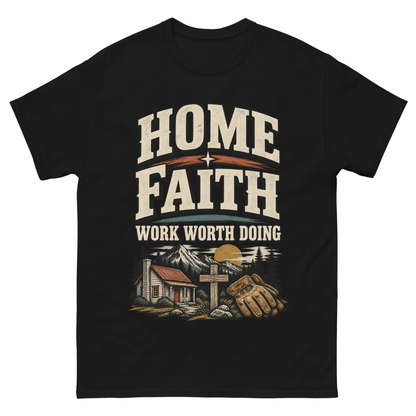 Black vintage t-shirt with Home Faith Work Worth Doing printed front design