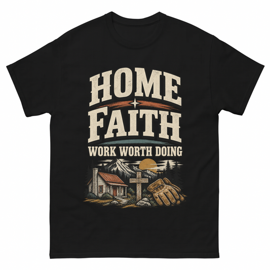 Black vintage t-shirt with Home Faith Work Worth Doing printed front design