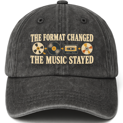 Black vintage washed cap with The Format Changed The Music Stayed printed front design