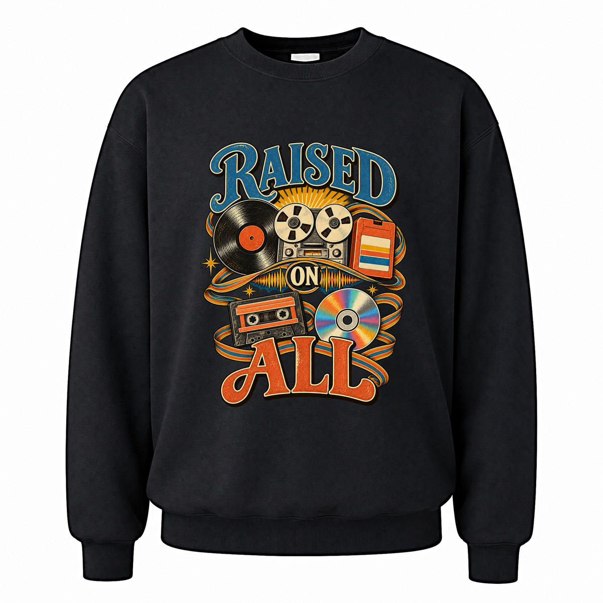 Black vintage sweatshirt with Raised On All printed front design