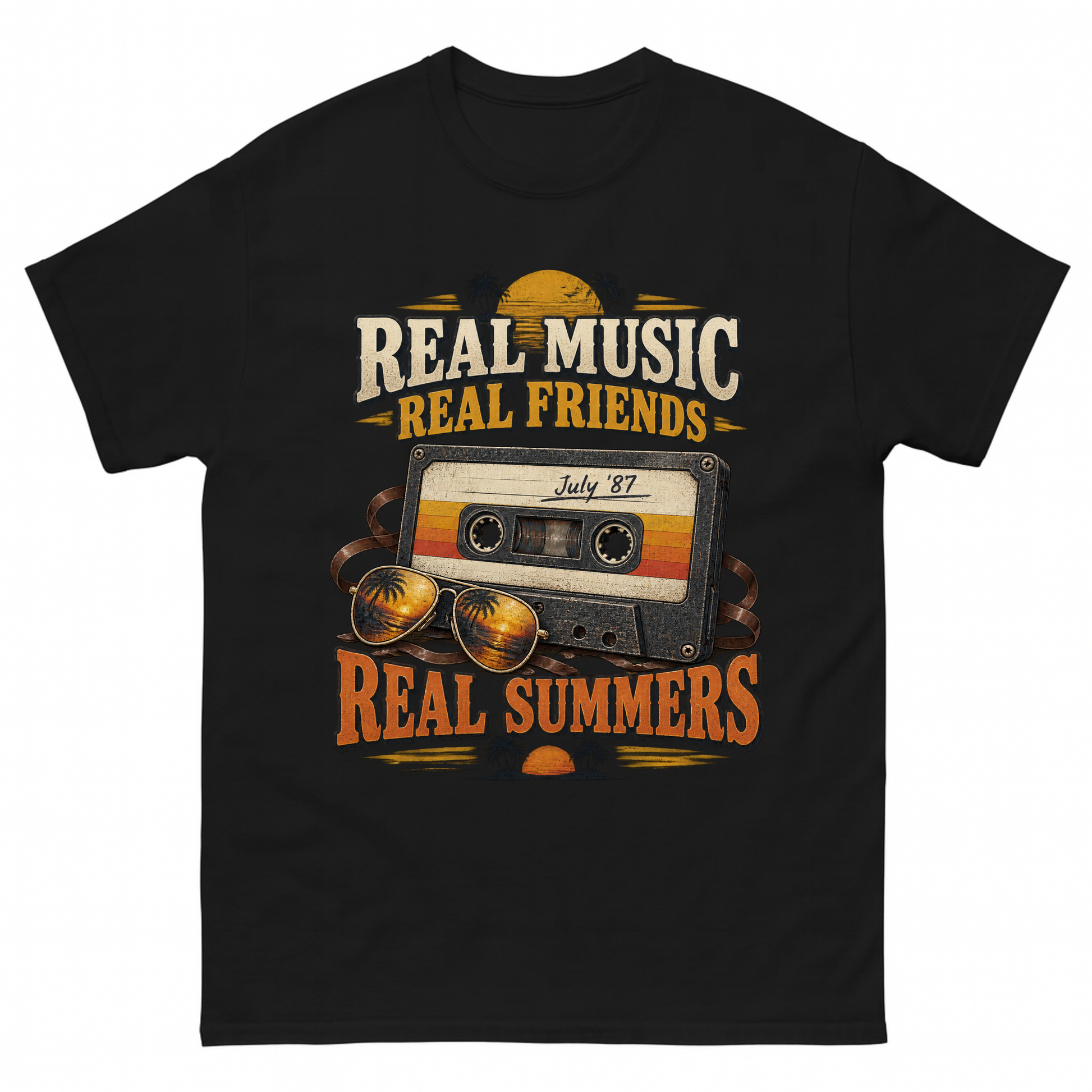 Black vintage t-shirt with Real Music Real Friends July ’87 Real Summers printed front design