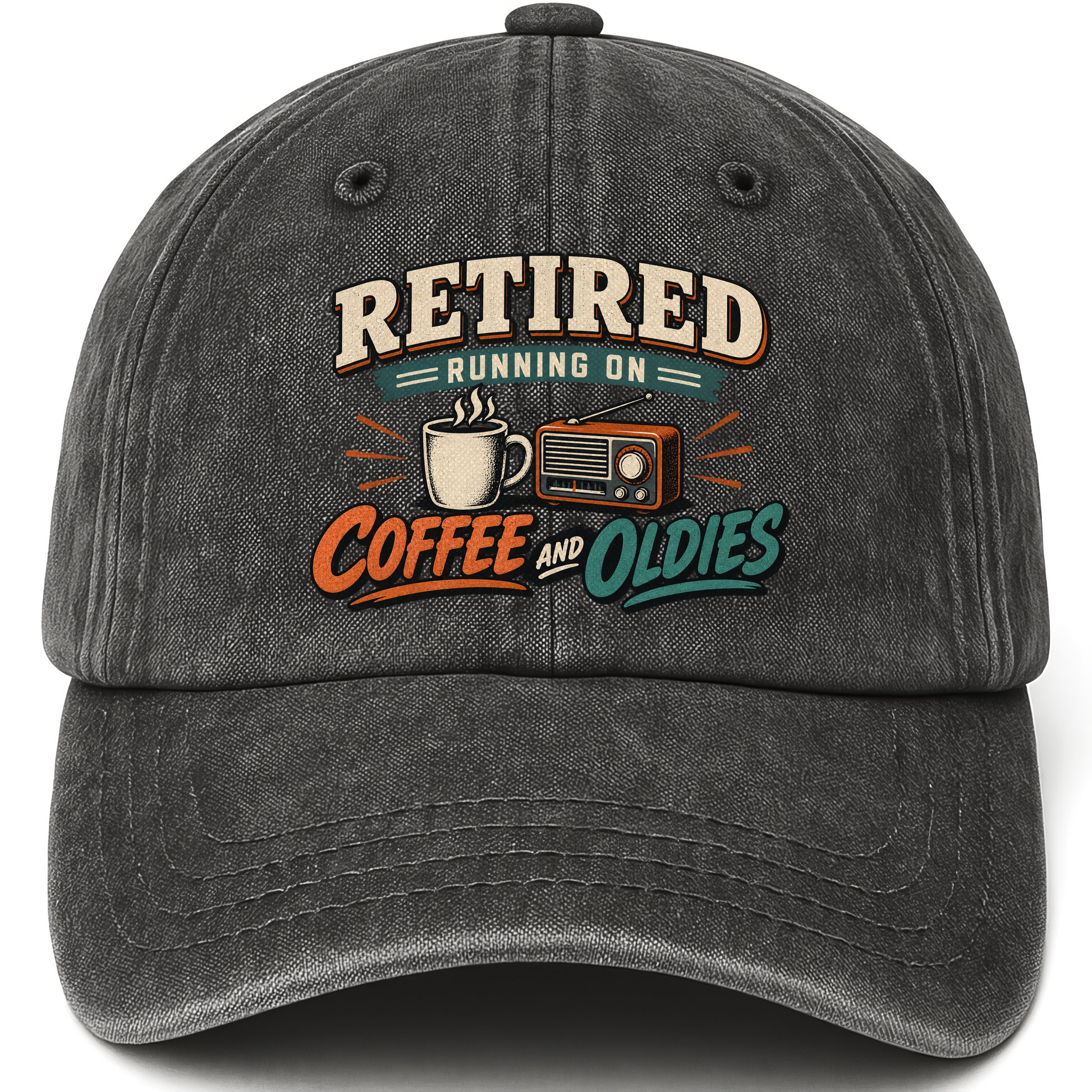 Black vintage washed cap with Retired Running On Coffee And Oldies printed front design