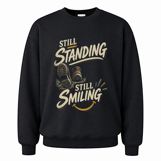 Black vintage sweatshirt with Still Standing Still Smiling printed front design