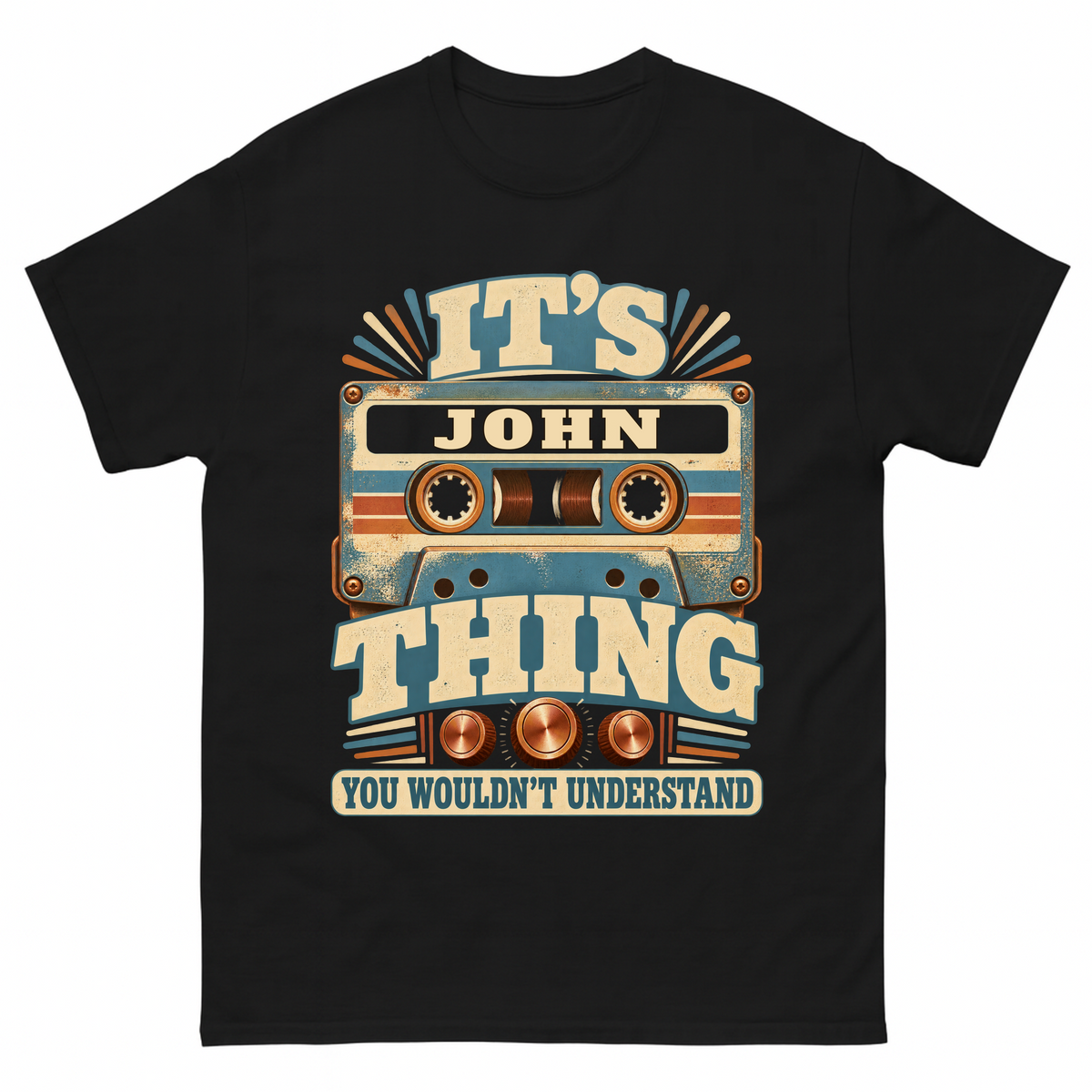 Black vintage t-shirt with It's Your Name Thing printed front design