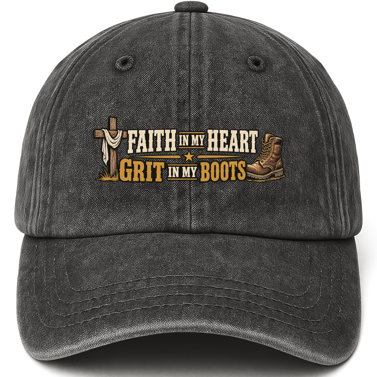Black vintage washed cap with Faith In My Heart Grit In My Boots printed front design