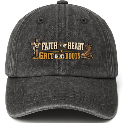 Black vintage washed cap with Faith In My Heart Grit In My Boots printed front design