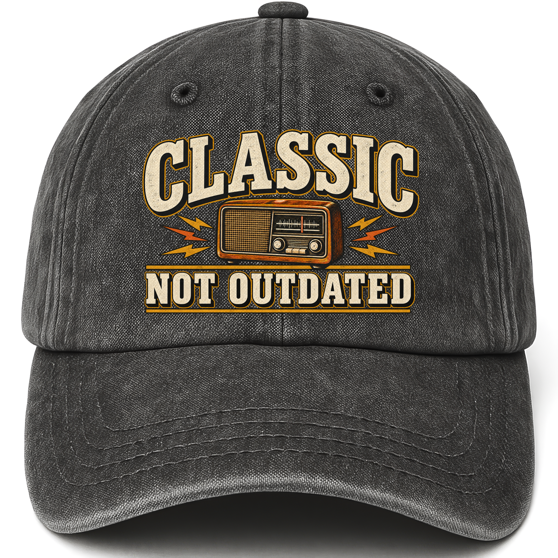 Black vintage washed cap with 44 classic not outdated ideogram 4x TRIM pad80 printed front design