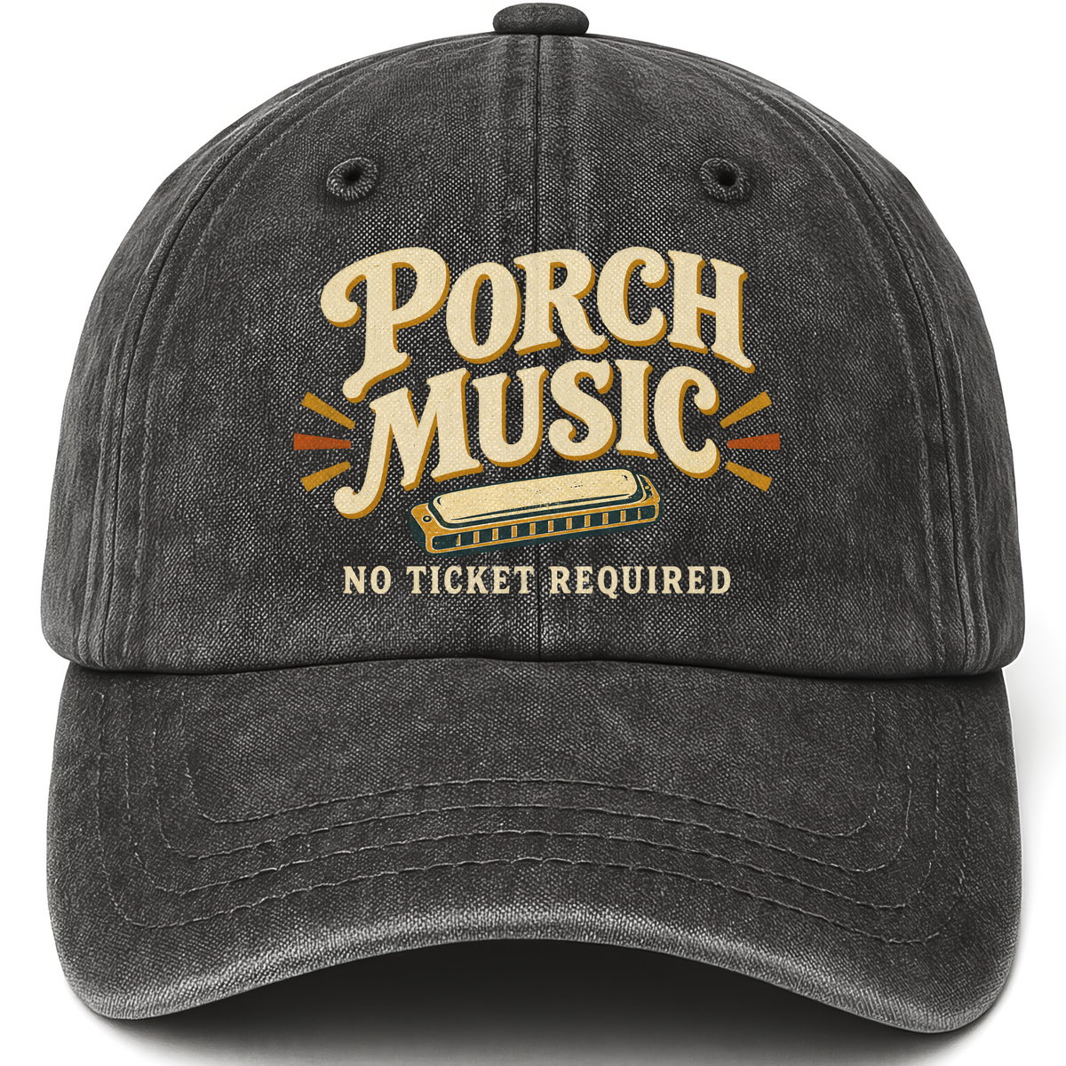 Black vintage washed cap with Porch Music. No Ticket Required printed front design