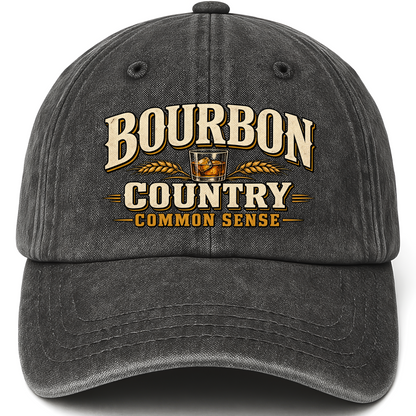 Black vintage washed cap with Bourbon Country Common Sense printed front design