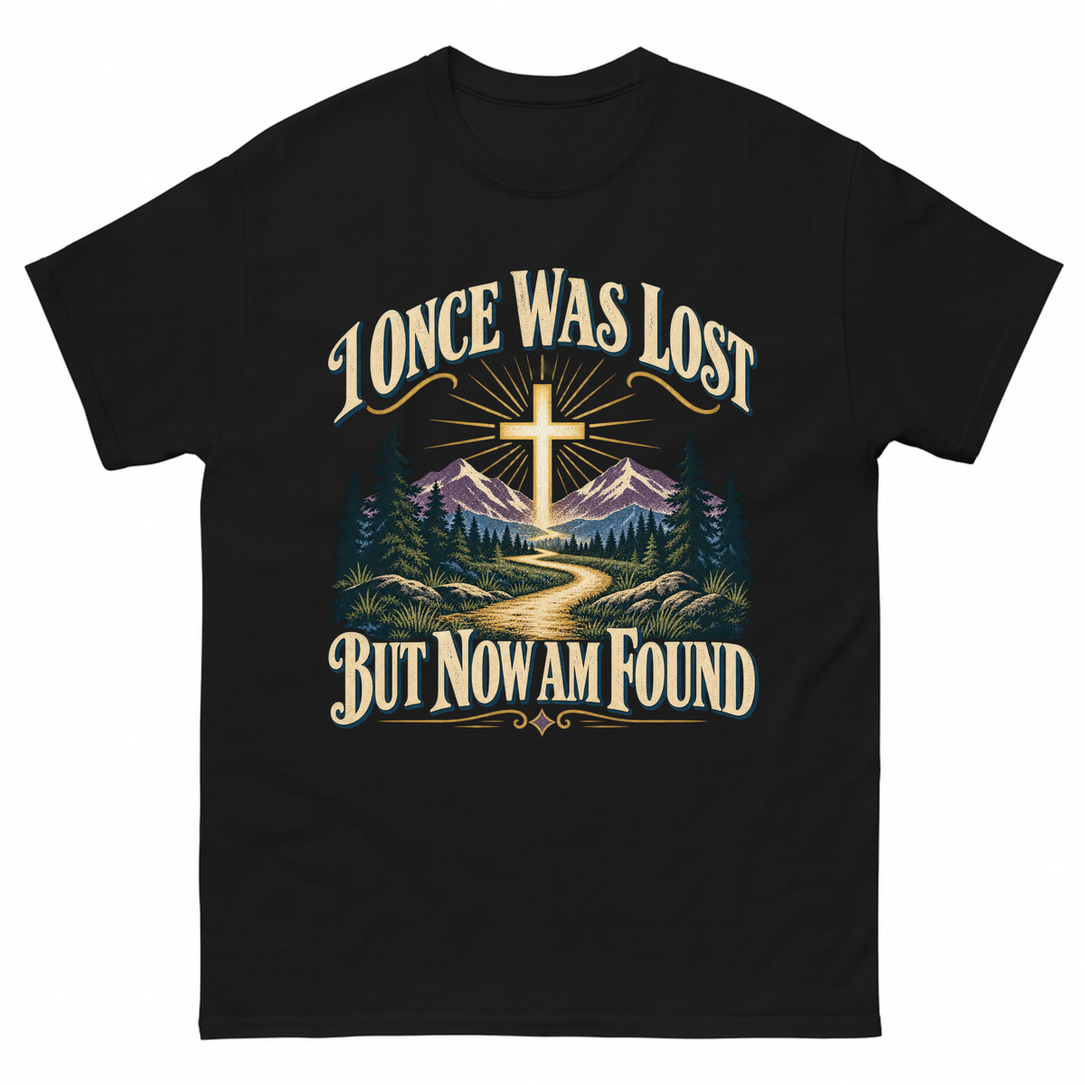 Black vintage t-shirt with I Once Was Lost But Now Am Found printed front design