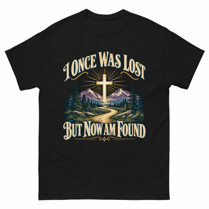 Black vintage t-shirt with I Once Was Lost But Now Am Found printed front design