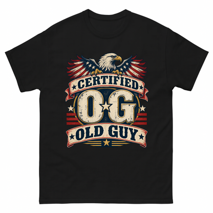 Black vintage t-shirt with Certified OG Old Guy printed front design
