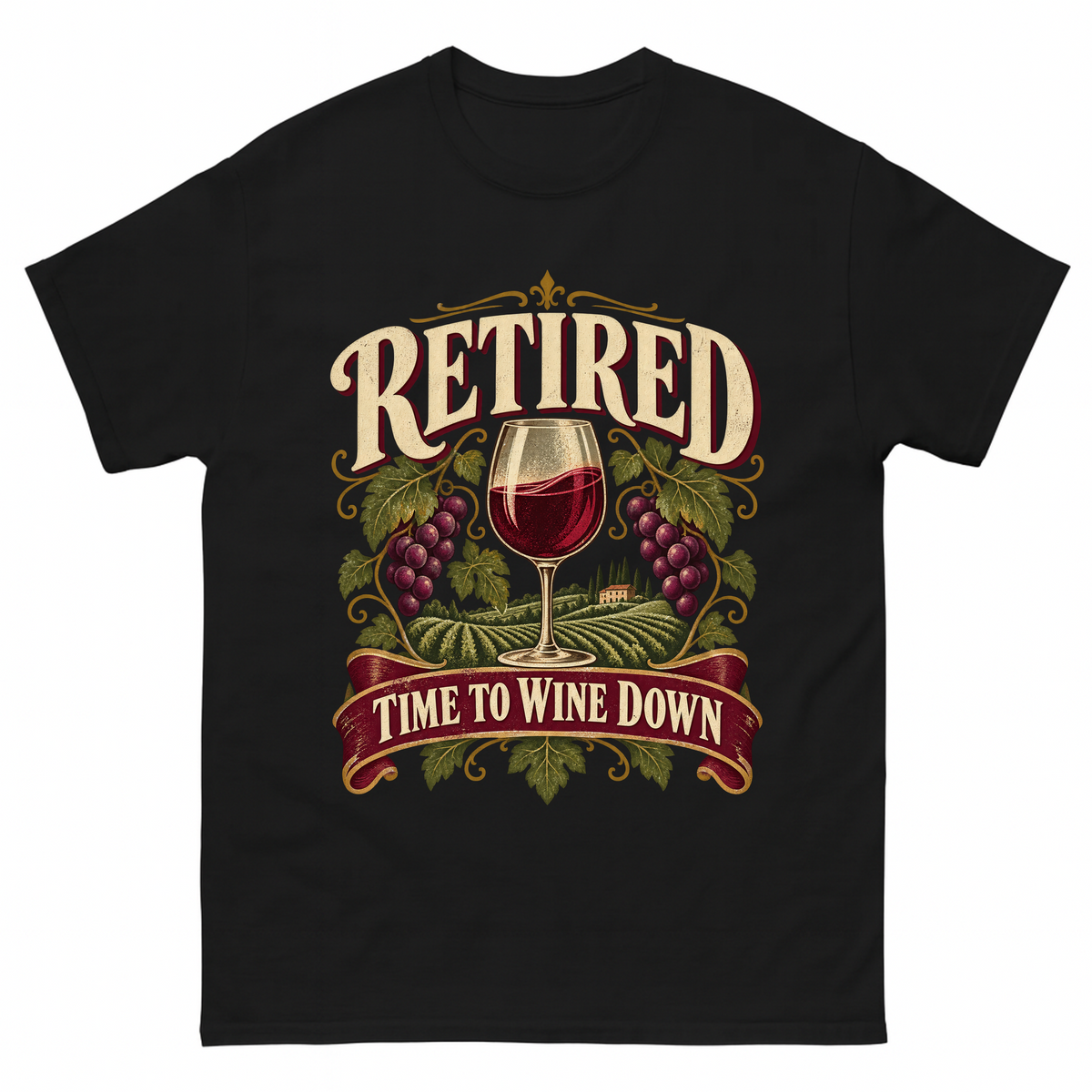 Black vintage t-shirt with Retired Time To Wine Down printed front design