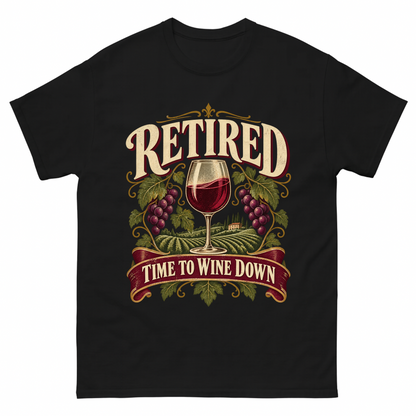 Black vintage t-shirt with Retired Time To Wine Down printed front design