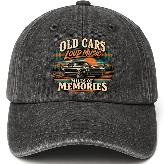 Black vintage washed cap with Old Cars. Loud Music. Miles Of Memories printed front design