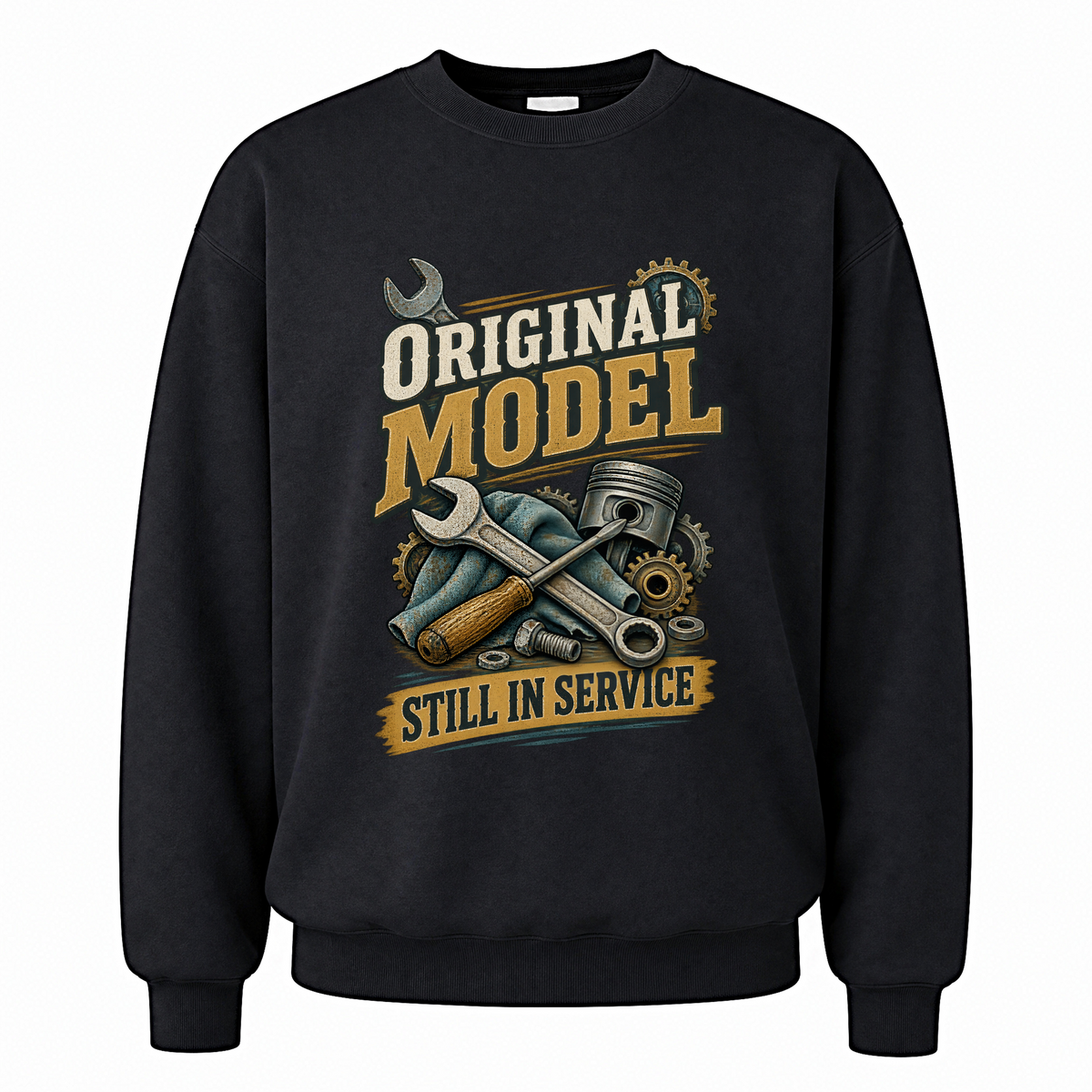 Black vintage sweatshirt with Original Model Still In Service printed front design