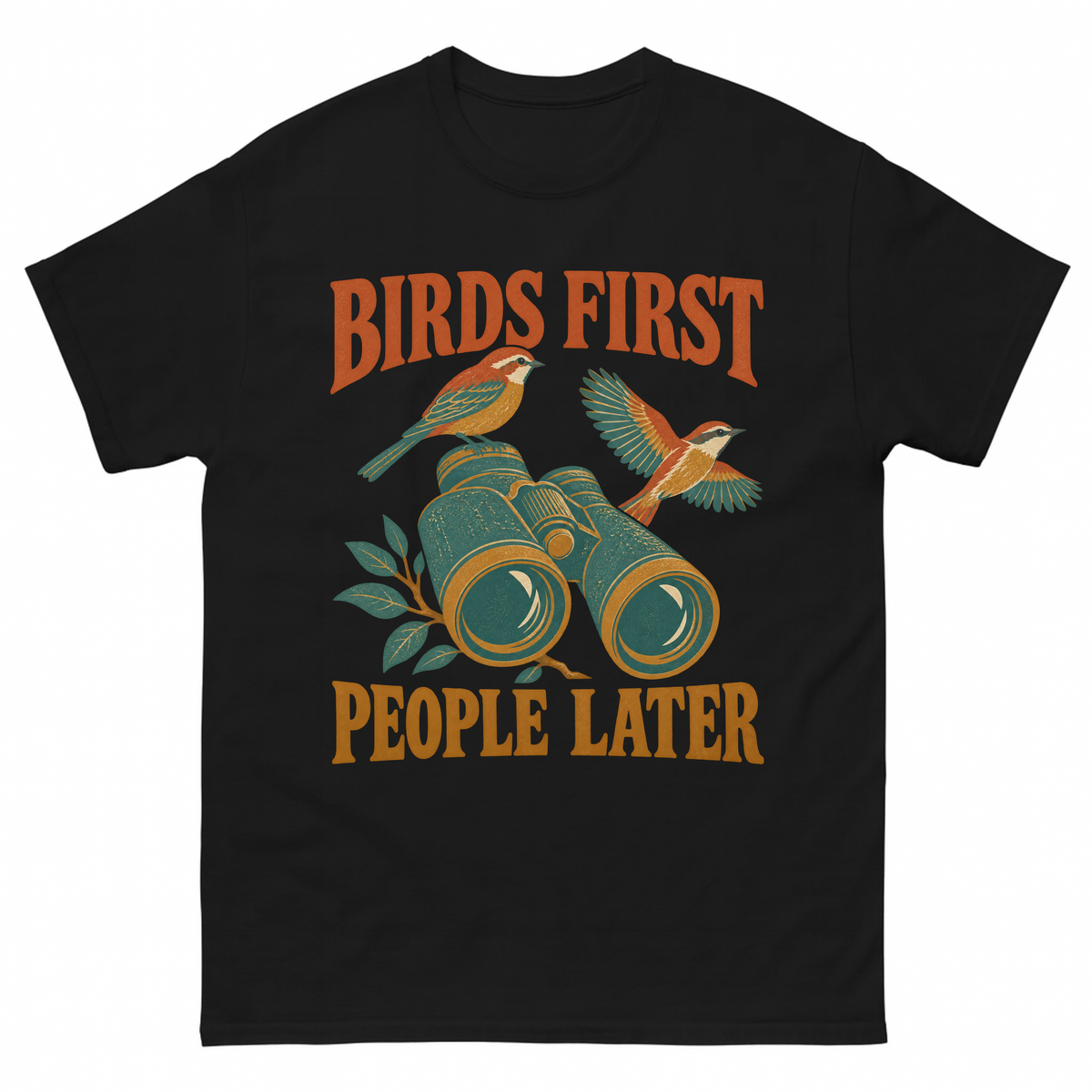 Black vintage t-shirt with Birds First. People Later printed front design