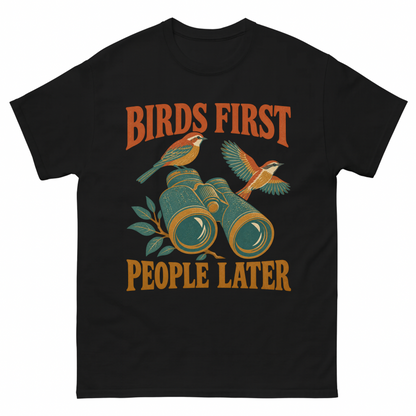 Black vintage t-shirt with Birds First. People Later printed front design