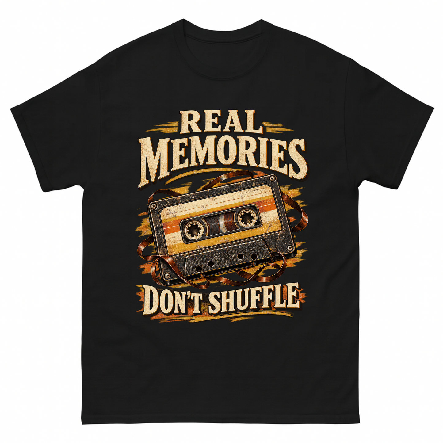 Black vintage t-shirt with Real Memories Don’t Shuffle printed front design