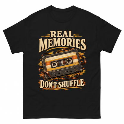 Black vintage t-shirt with Real Memories Don’t Shuffle printed front design