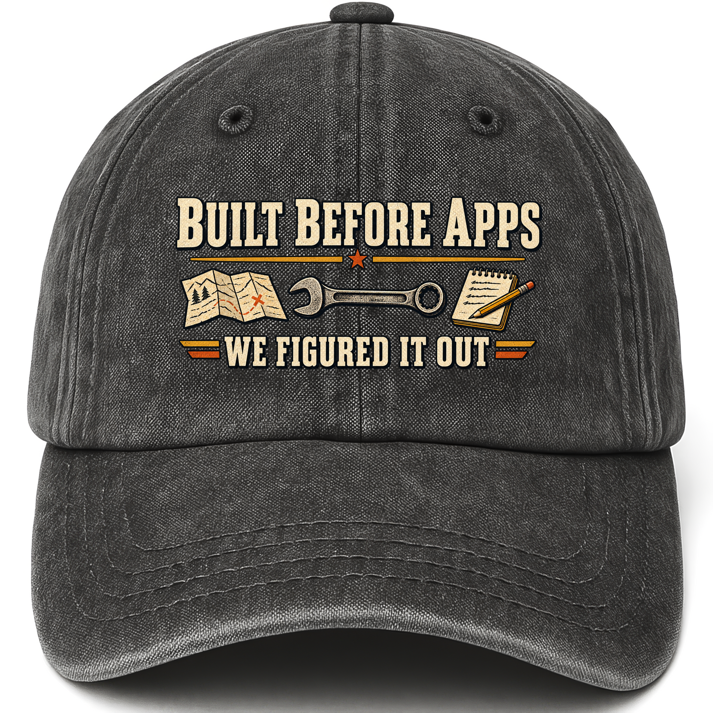 Black vintage washed cap with Built Before Apps We Figured It Out printed front design