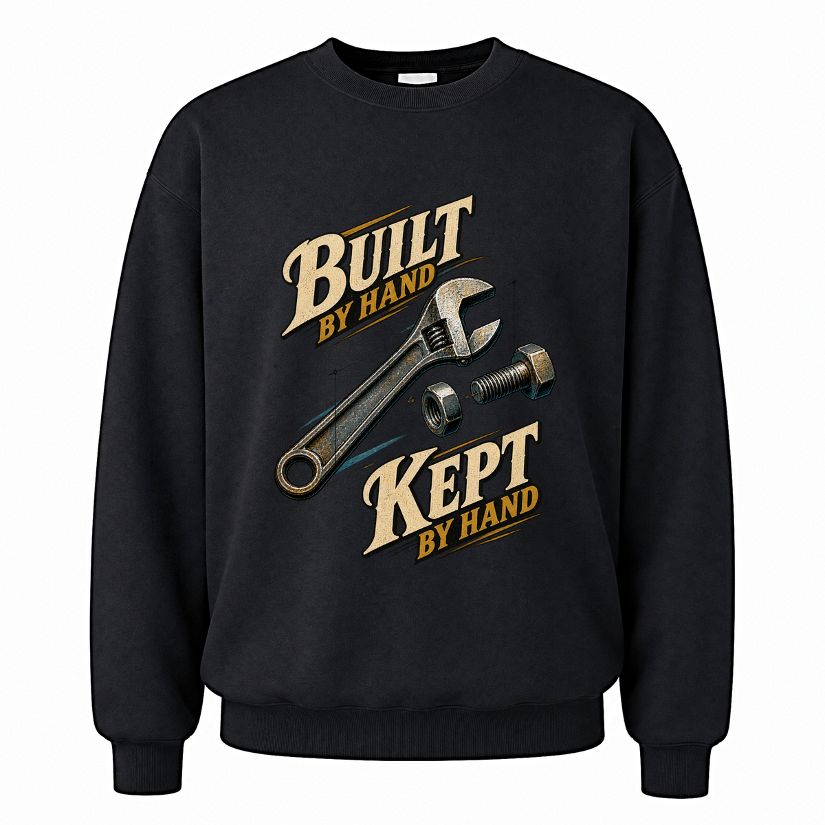 Black vintage sweatshirt with Build By Hand. Keep It By Hand printed front design