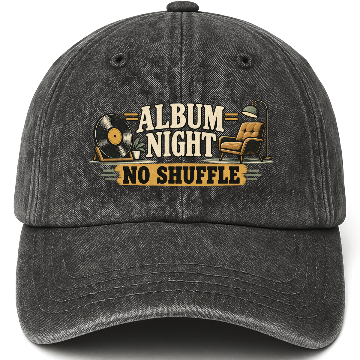 Black vintage washed cap with Album Night. No Shuffle printed front design