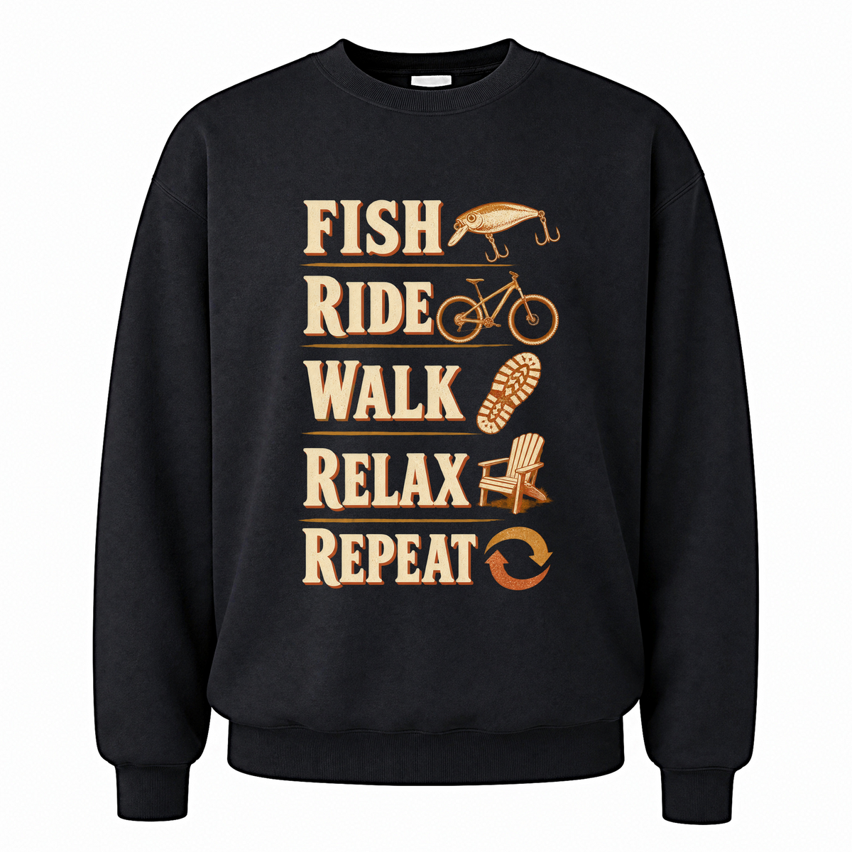 Black vintage sweatshirt with Fish Ride Walk Relax Repeat printed front design