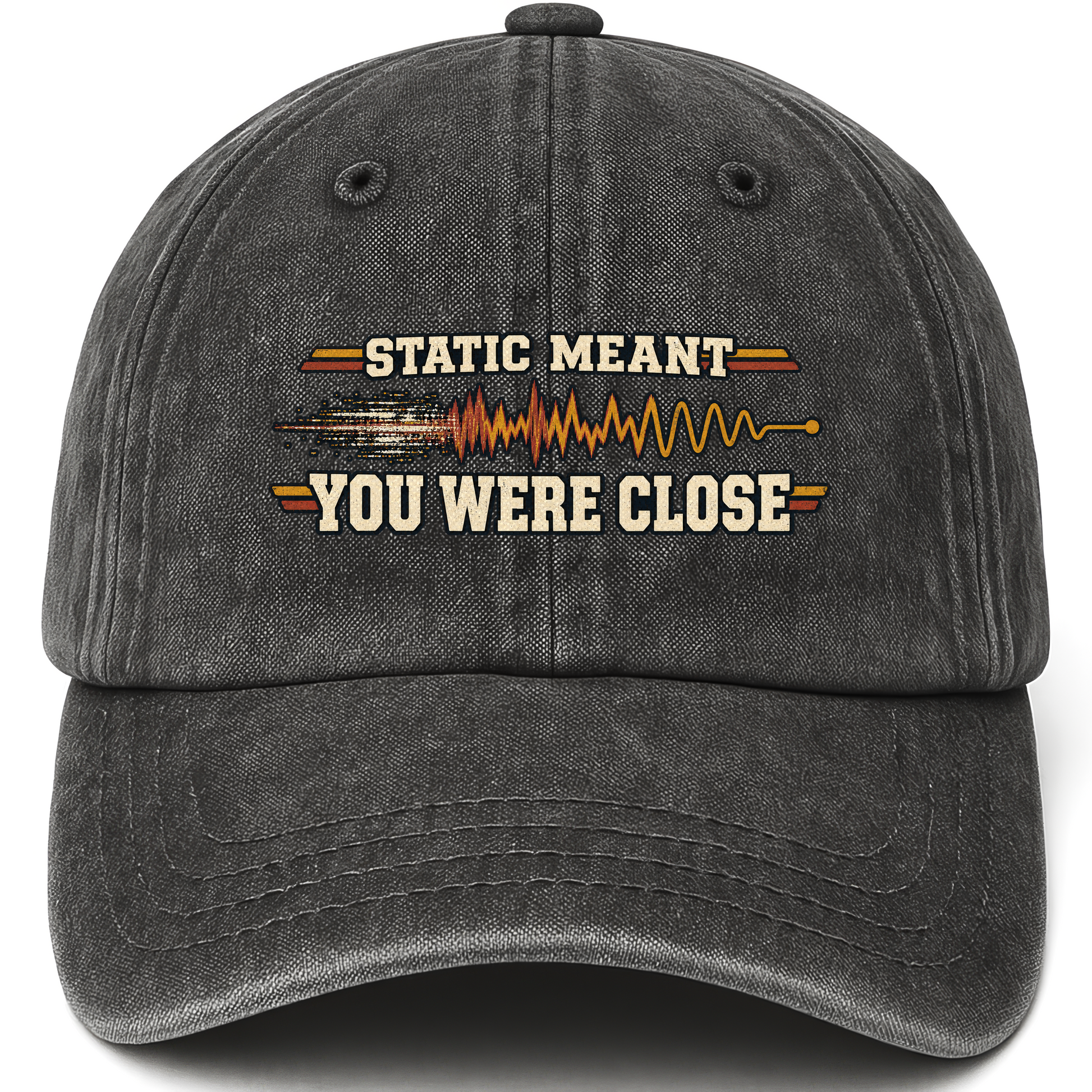 Black vintage washed cap with Static Meant You Were Close printed front design