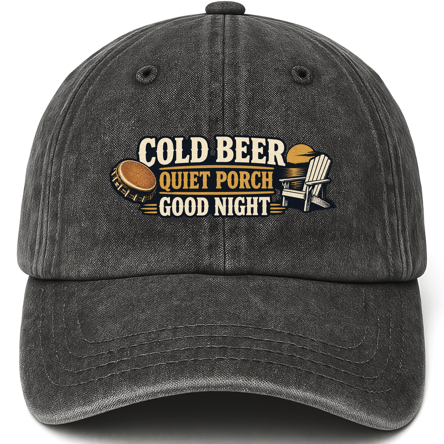 Black vintage washed cap with Cold Beer Quet Porch Good Night printed front design