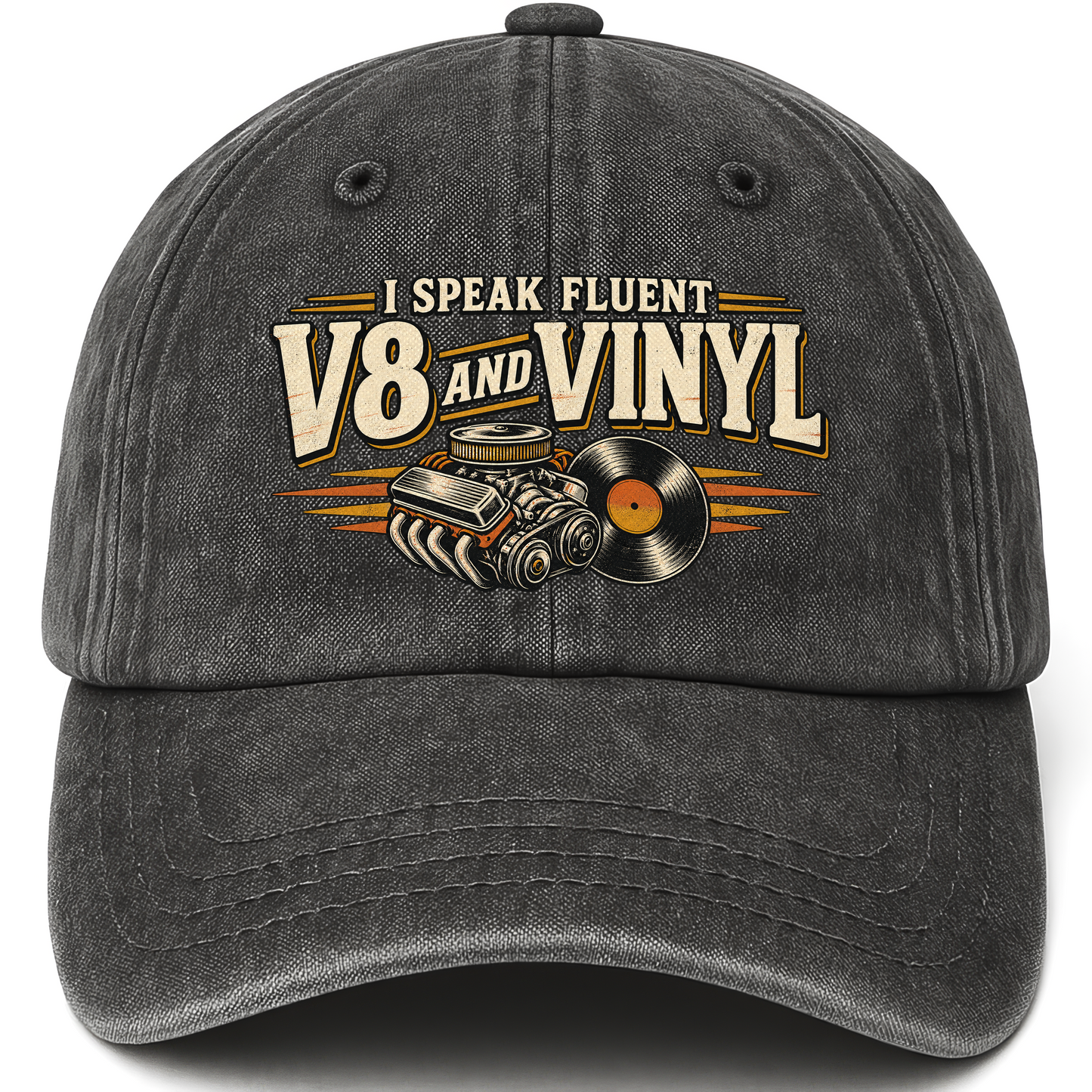 Black vintage washed cap with 32 v8 and vinyl ideogram 4x TRIM pad80 printed front design