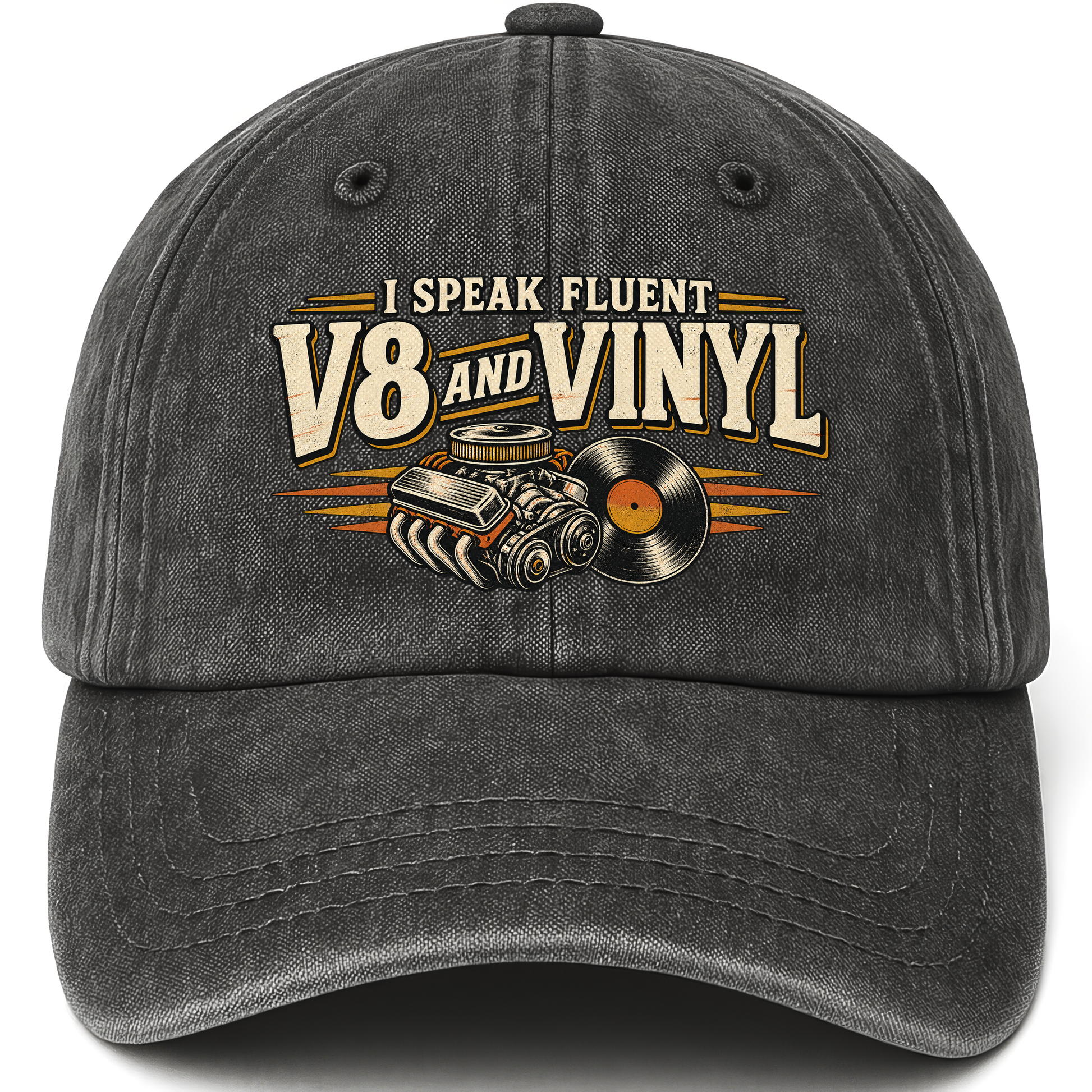Black vintage washed cap with 32 v8 and vinyl ideogram 4x TRIM pad80 printed front design