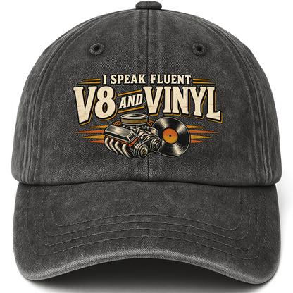 Black vintage washed cap with 32 v8 and vinyl ideogram 4x TRIM pad80 printed front design