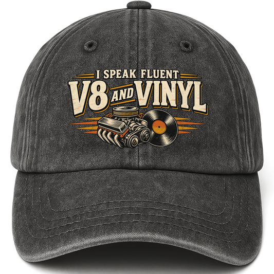 Black vintage washed cap with 32 v8 and vinyl ideogram 4x TRIM pad80 printed front design
