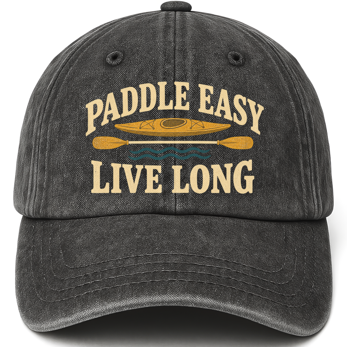 Black vintage washed cap with Paddle Easy Live Long printed front design