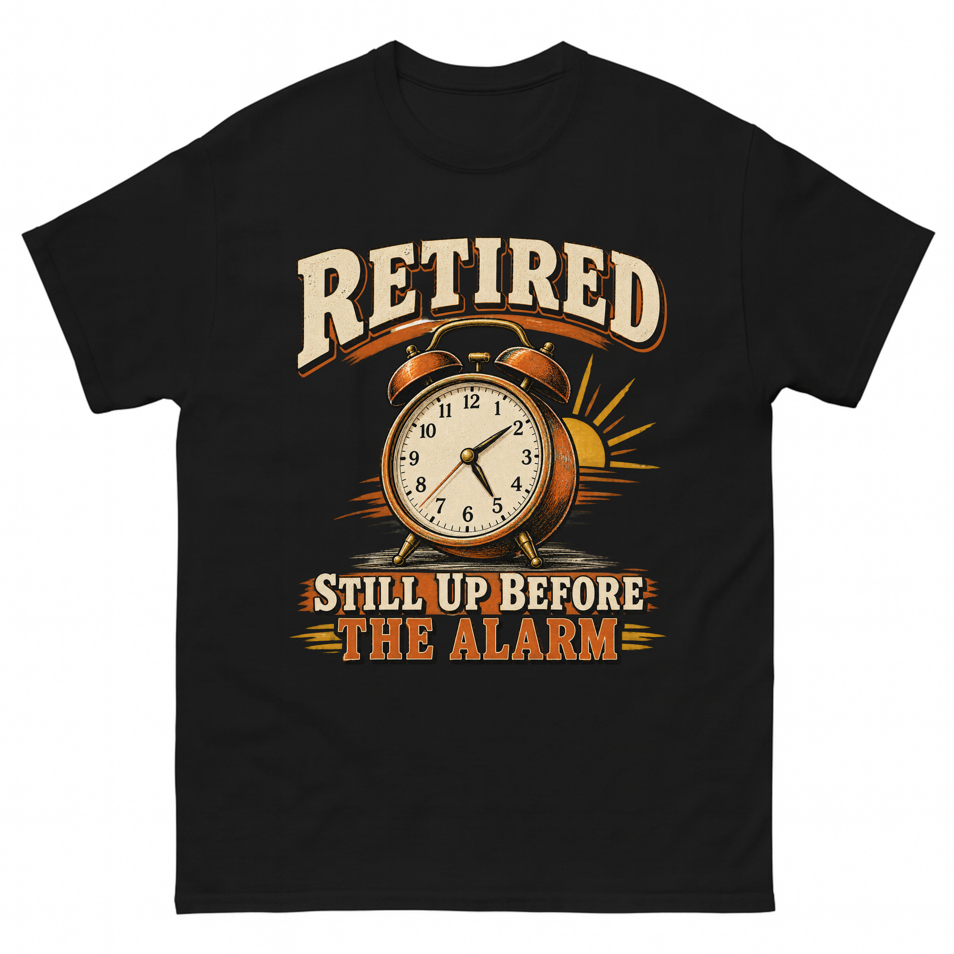 Black vintage t-shirt with Retired Still Up Before The Alarm printed front design