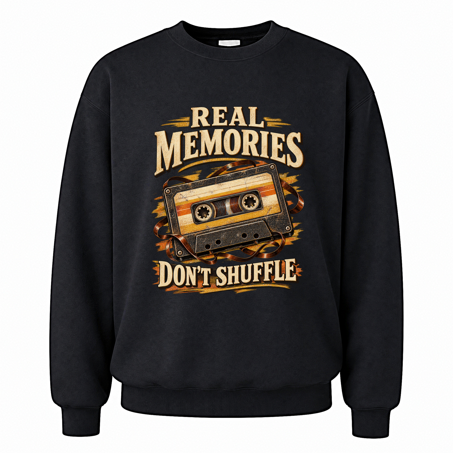 Black vintage sweatshirt with Real Memories Don’t Shuffle printed front design
