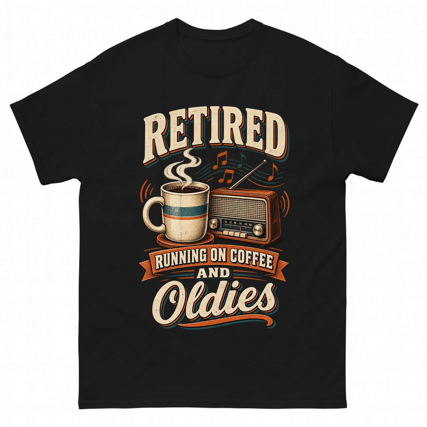Black vintage t-shirt with Retro Running On Coffee And Oldies printed front design