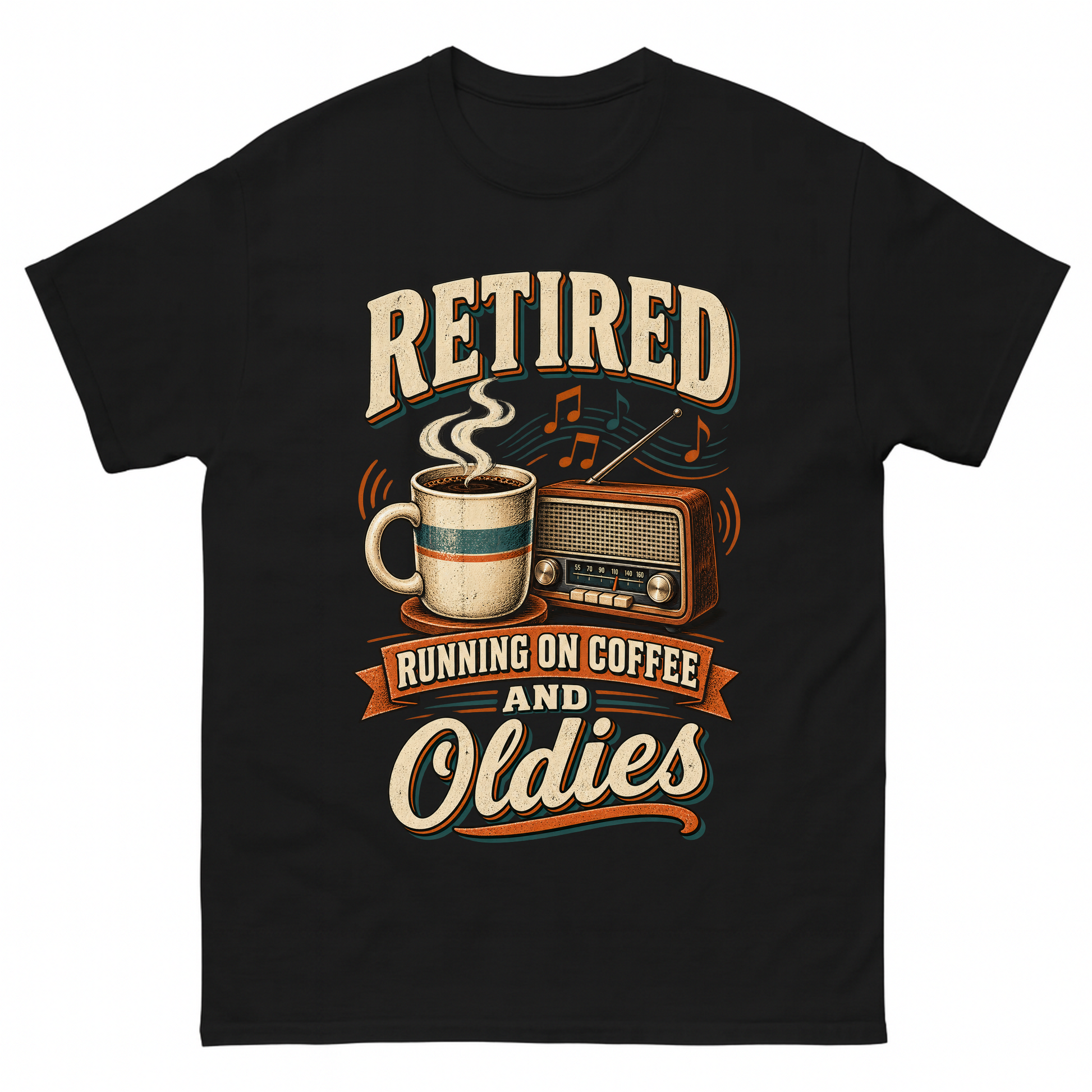 Black vintage t-shirt with Retro Running On Coffee And Oldies printed front design