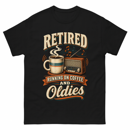 Black vintage t-shirt with Retro Running On Coffee And Oldies printed front design
